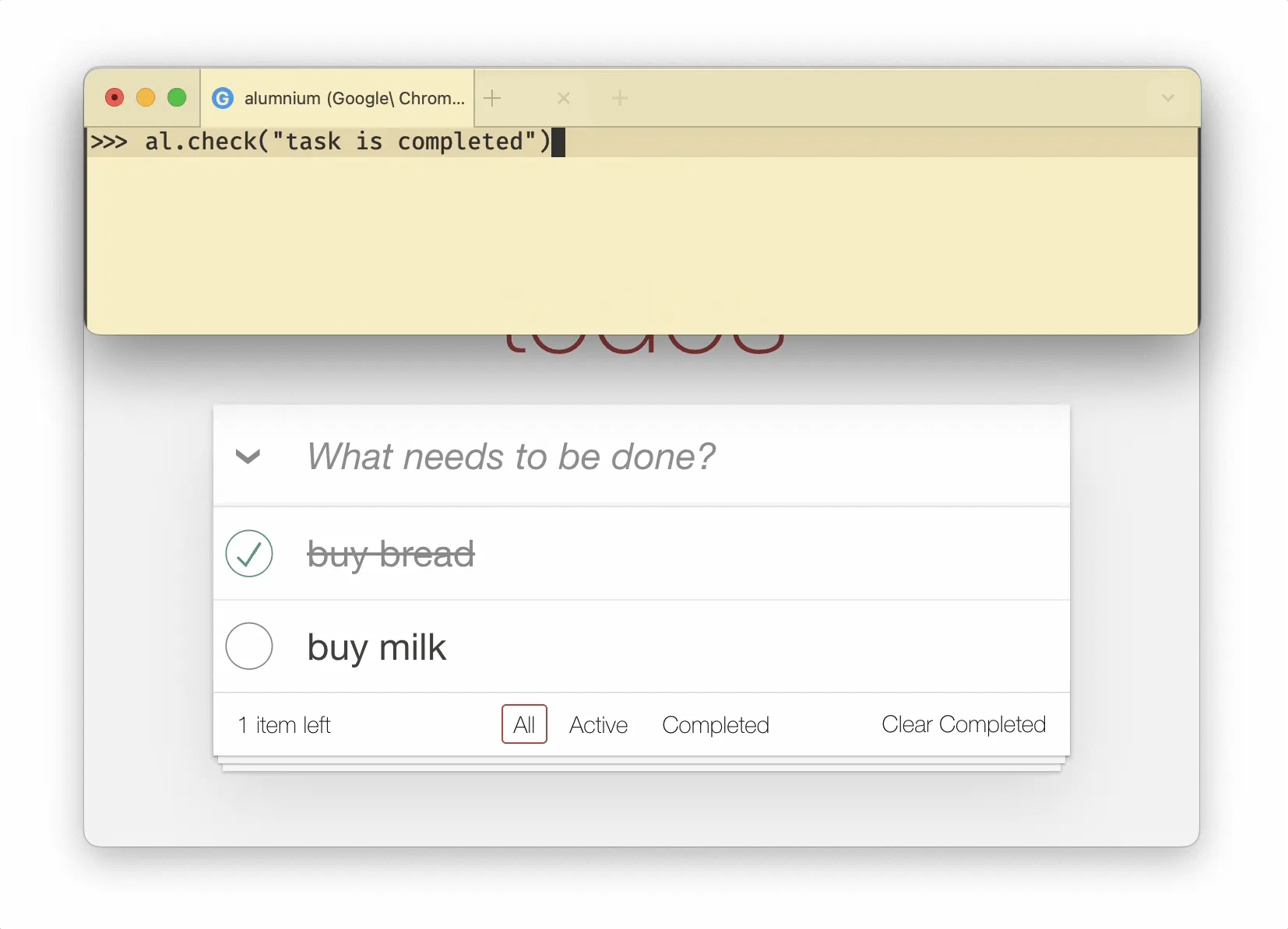 A screen recording of Alumnium false positive when 1 out of 2 tasks is completed