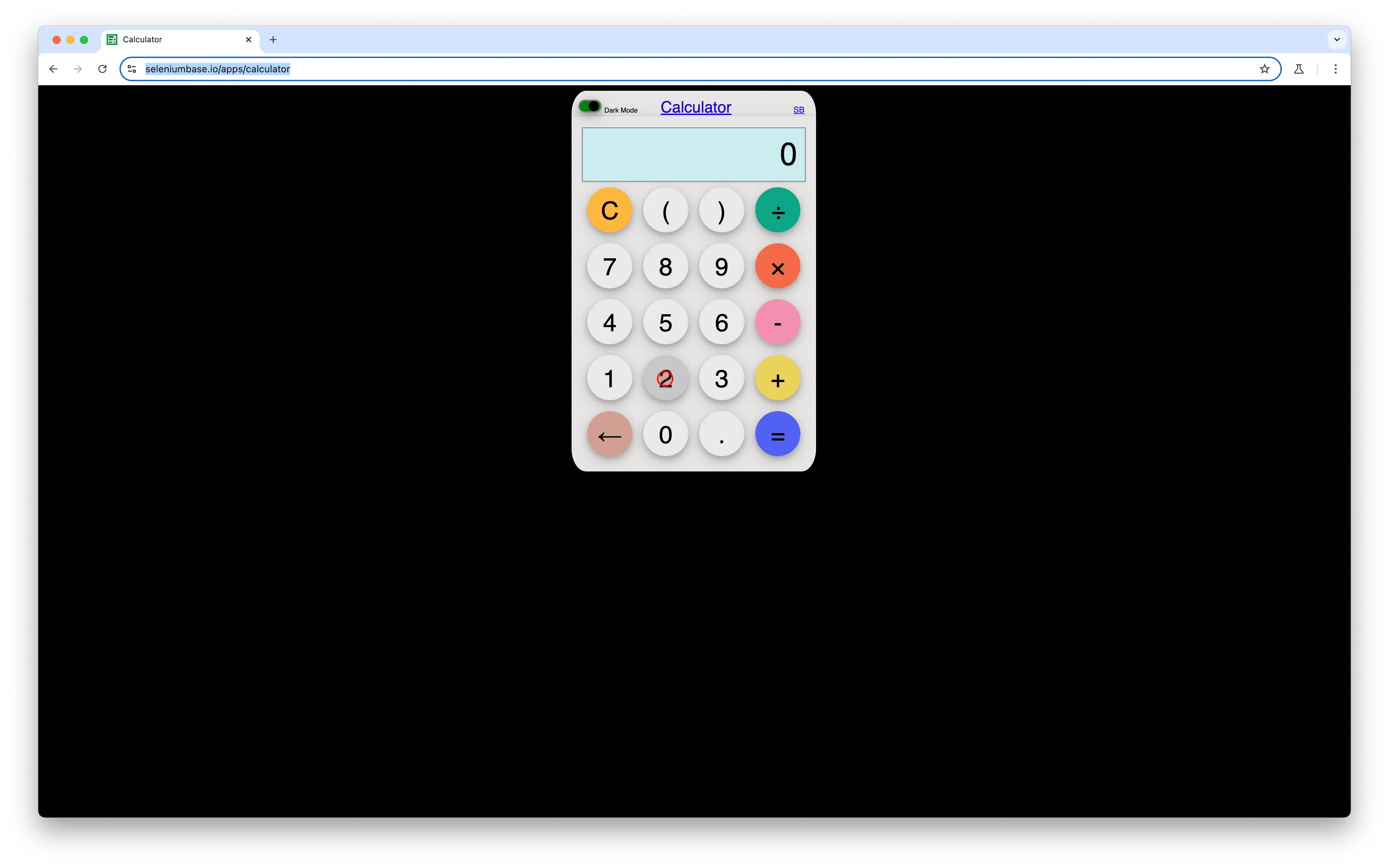 A screenshot of web calculator test with Shortest