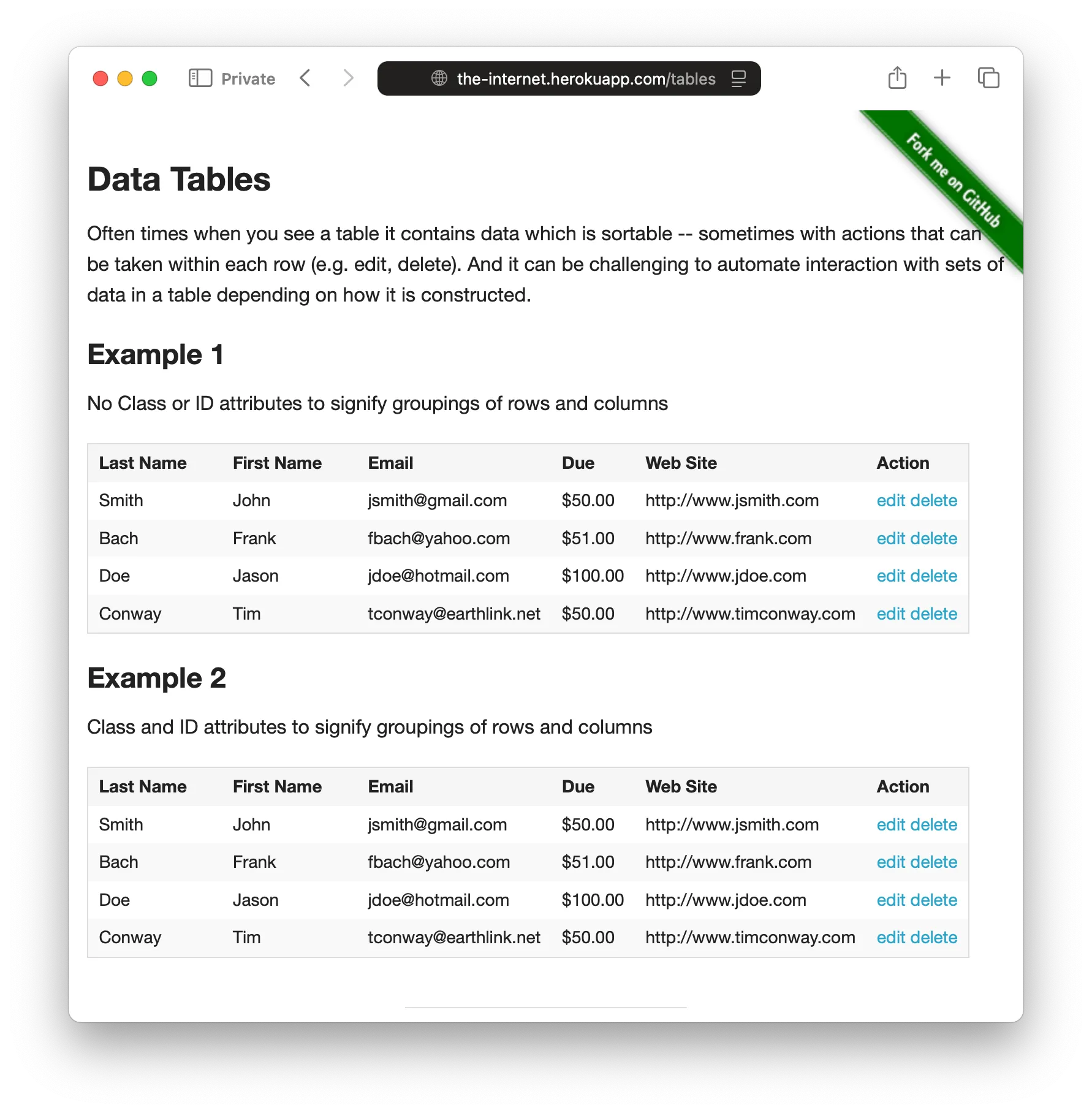 A screenshot of application with "Example 1" and "Example 2" tables